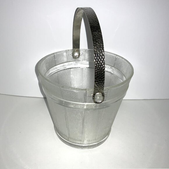 Ice Bucket Glass w/Hammered Metal Handle Oak Barrel Pattern Mid-Century Mod - Picture 10 of 10